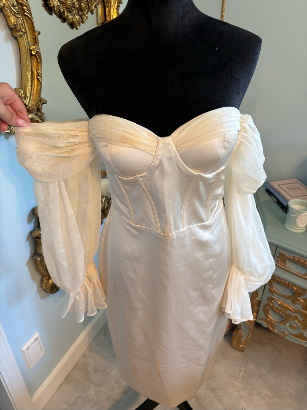 Ivory Off-Shoulder Satin Dress with Sheer Puff Sleeves